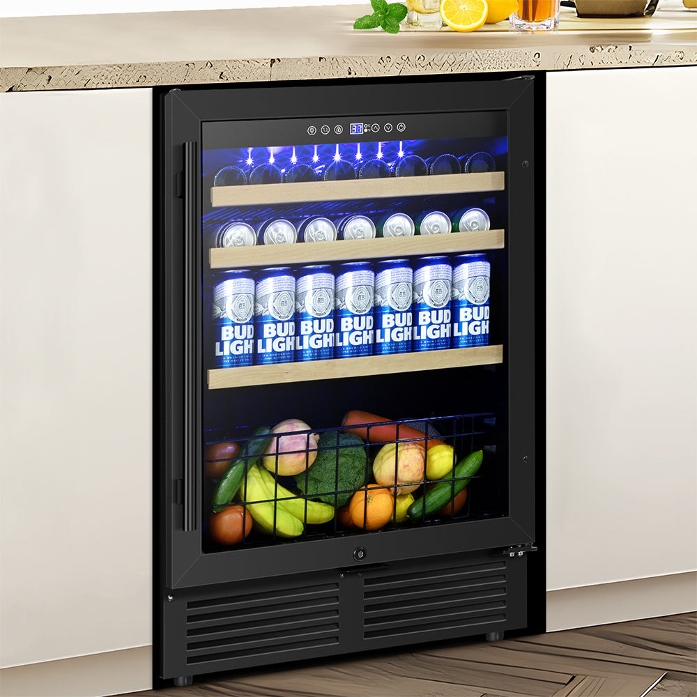 24” Black Classic Undercounter 160-Can Beer and Beverage Refrigerator with Metal Basket, Reversible Glass Door.