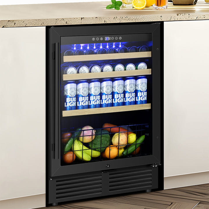 24” Black Classic Undercounter 160-Can Beer and Beverage Refrigerator with Metal Basket, Reversible Glass Door.