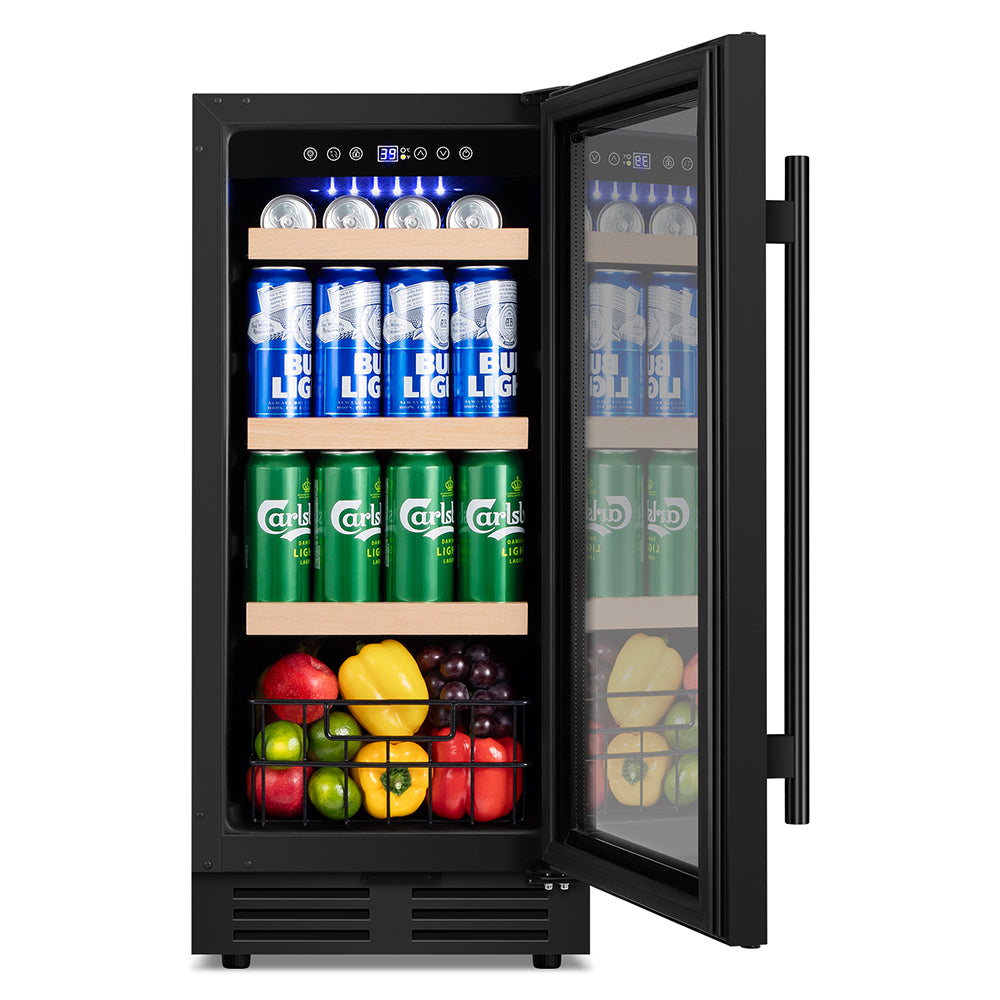 15"Black Classic Beverage Refrigerator 130-Can Beer and Beverage Refrigerator with Metal Basket, Reversible Glass Door