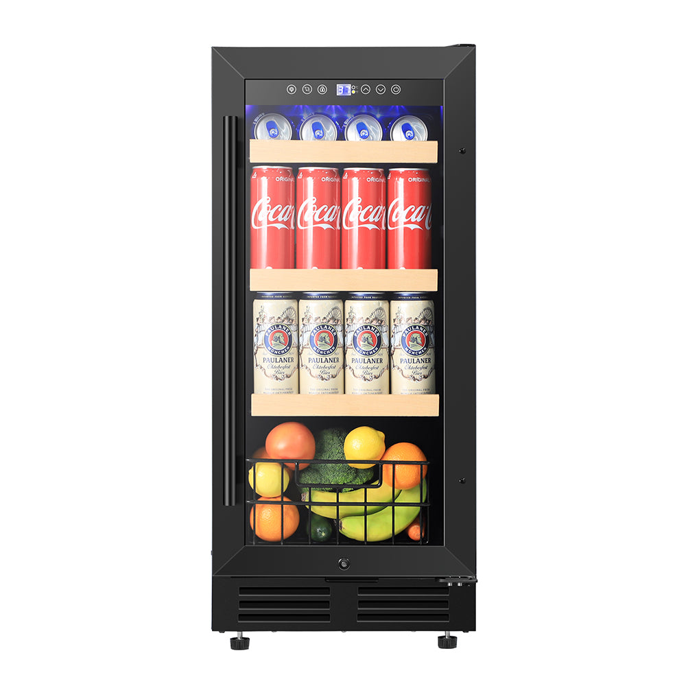 15"Black Classic Beverage Refrigerator 130-Can Beer and Beverage Refrigerator with Metal Basket, Reversible Glass Door.