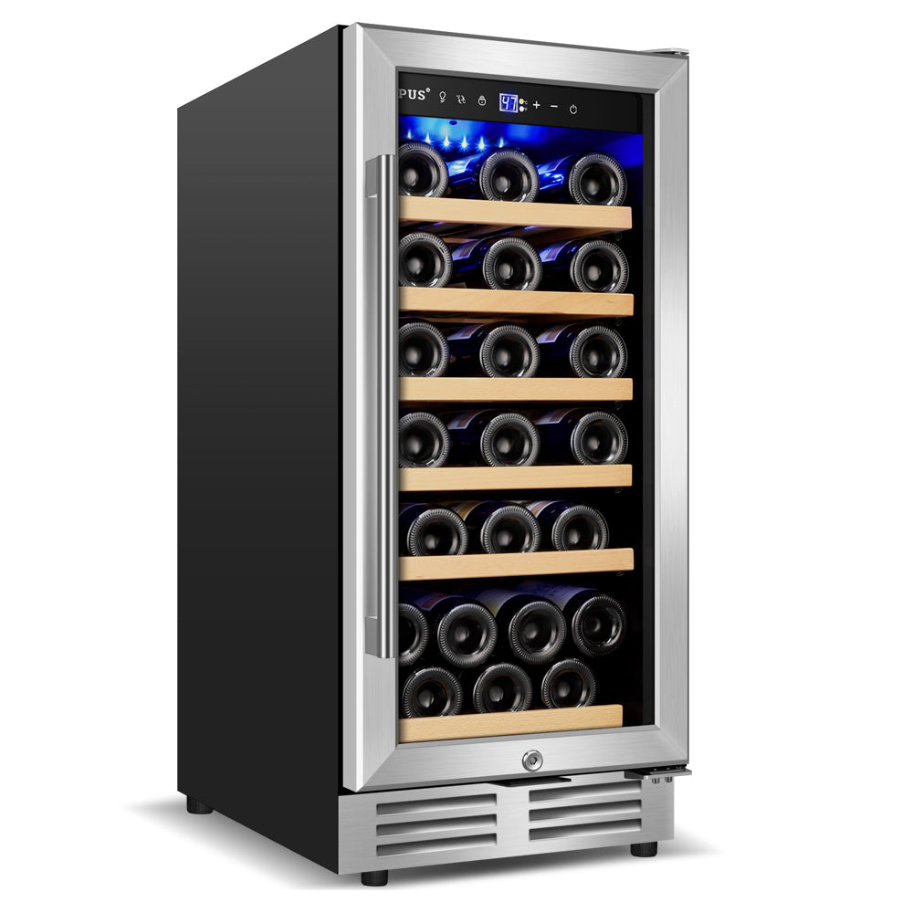 15" Silver Wine Cooler - 30 Bottle Capacity, Built-In or Freestanding, Single Zone Temperature Control.