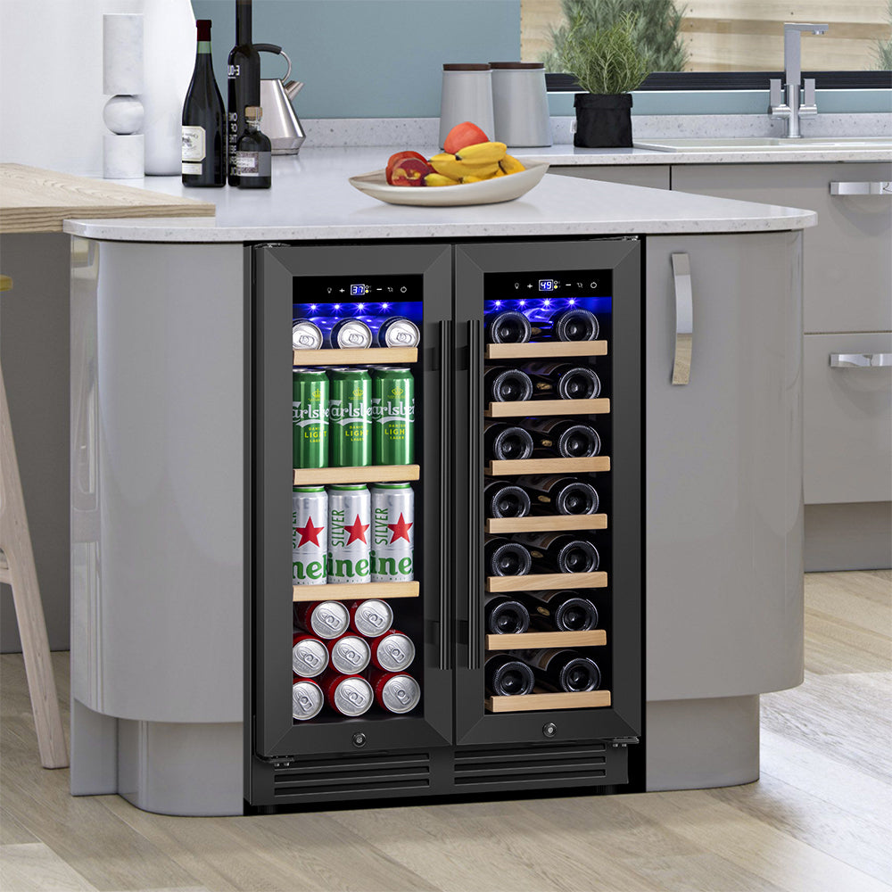 24'' Undercounter Dual Zone Wine and Beverage Refrigerator 20-Bottle & 60-Can, Built-In or Freestanding, Black Classic Beverage Wine Cooler