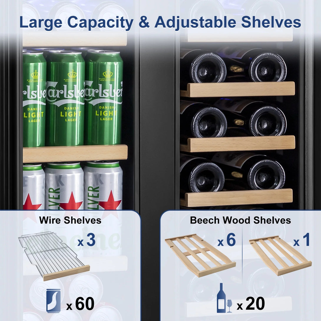 Nipus 24 inch Wine and Beverage Refrigerator,Dual Zone,Built-in Undercounter, 21 Bottles and 60 Cans,Black - Tylza