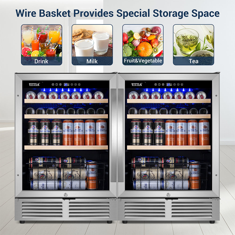 48"Beverage Refrigerator 300 Can Dual Zone Built-In Split Beer Cooler with Two Bottom Baskets, Reversible Door