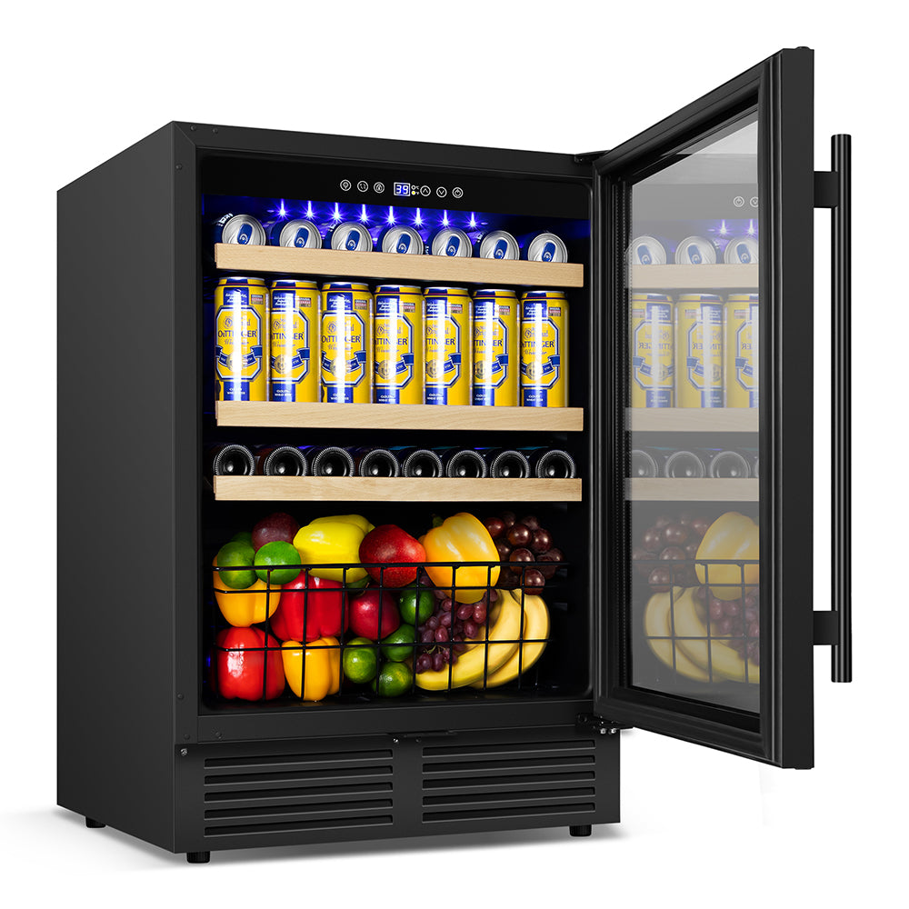 24” Black Classic Undercounter 160-Can Beer and Beverage Refrigerator with Metal Basket, Reversible Glass Door