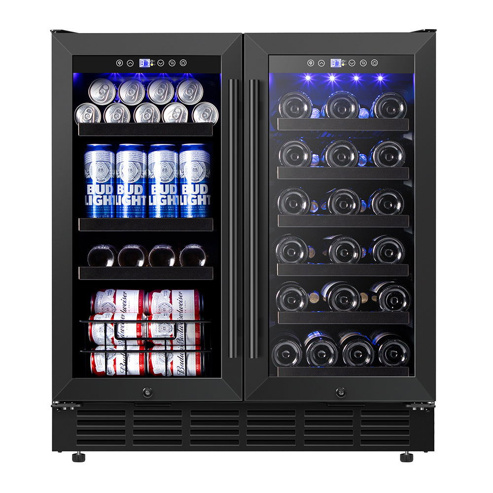 30'' Dual Zone Wine and Beverage Refrigerator 29 Bottles 88 Cans with Metal Basket and LED Lights Classic Series Black