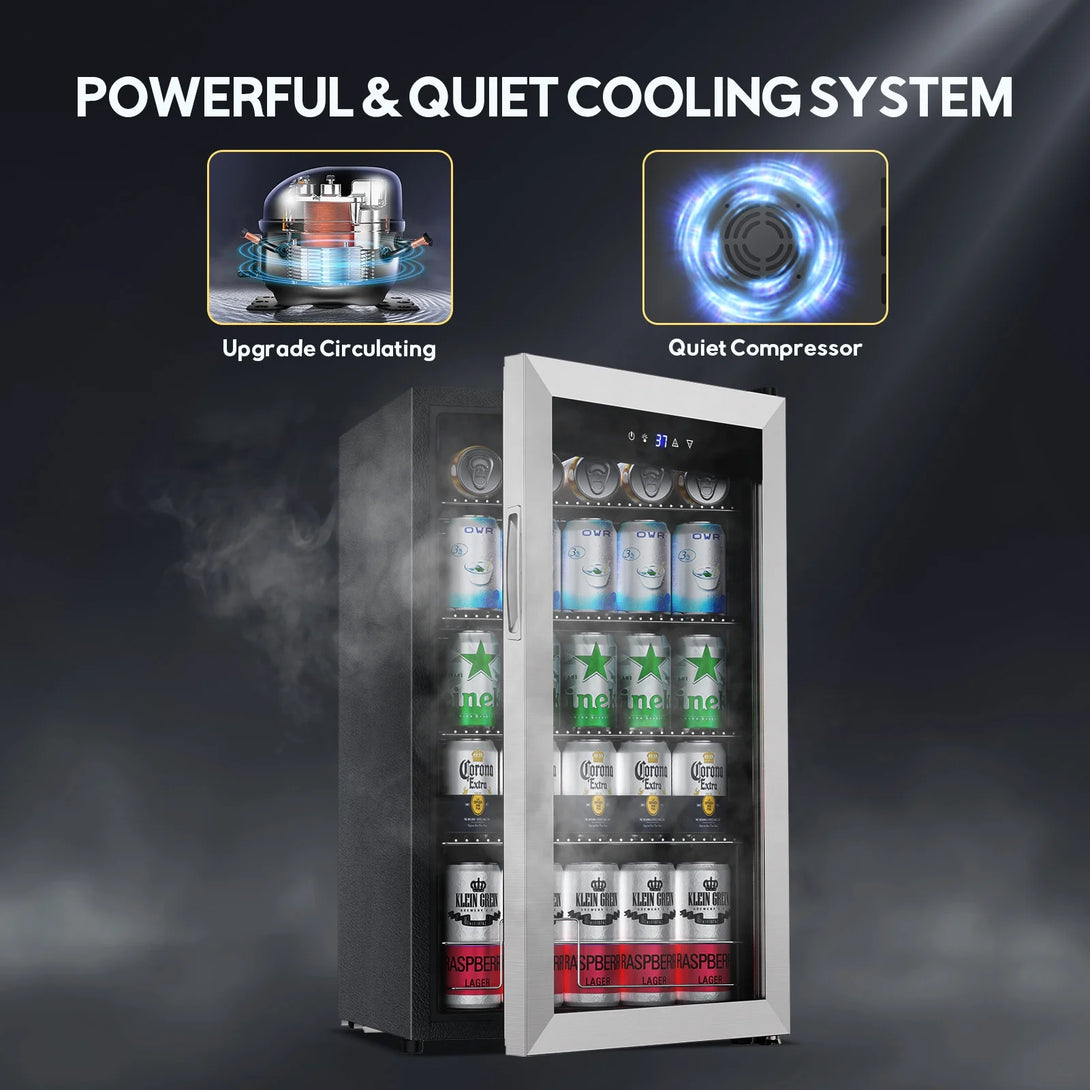 TITTLA 130 Can Beverage Refrigerator with Glass Door,3.2 Cu.ft Wine Coolers,Touch Control Panel On the Glass,Freestanding Mini Fridge,Silver - Tylza