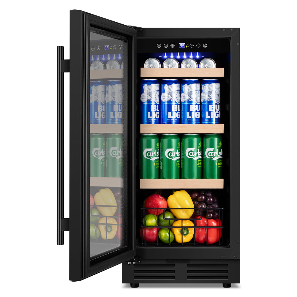 15"Black Classic Beverage Refrigerator 130-Can Beer and Beverage Refrigerator with Metal Basket, Reversible Glass Door