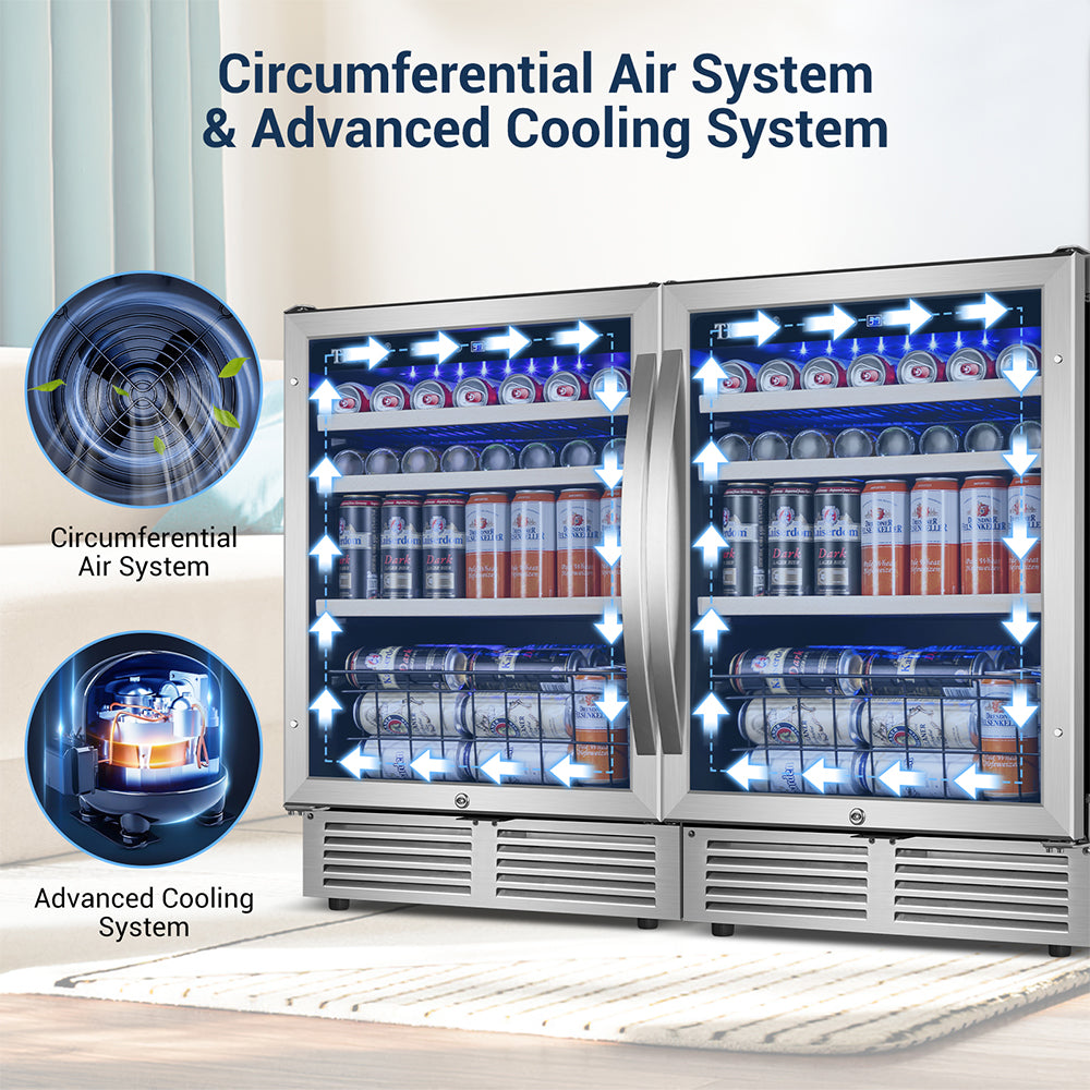 48"Beverage Refrigerator 300 Can Dual Zone Built-In Split Beer Cooler with Two Bottom Baskets, Reversible Door.