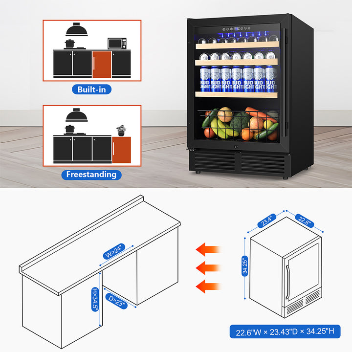 24” Black Classic Undercounter 160-Can Beer and Beverage Refrigerator with Metal Basket, Reversible Glass Door.