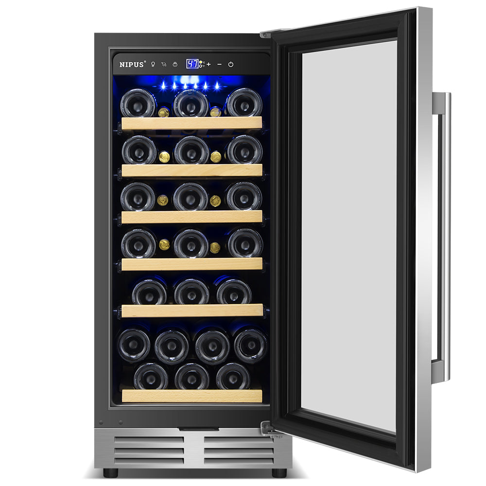 15" Silver Wine Cooler - 30 Bottle Capacity, Built-In or Freestanding, Single Zone Temperature Control.