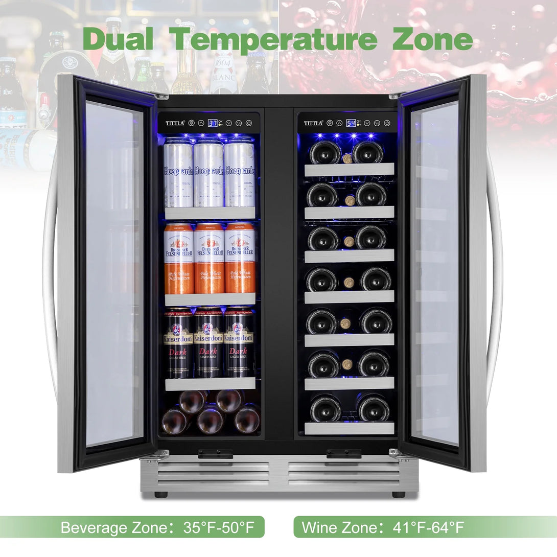 Tittla 24 Inch Wine and Beverage Refrigerators Cooler,18-Wine Bottles and 57 Cans,Dual Zone,Under Counter - Tylza