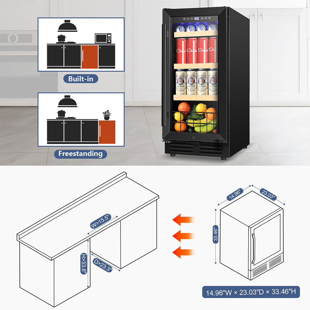 15"Black Classic Beverage Refrigerator 130-Can Beer and Beverage Refrigerator with Metal Basket, Reversible Glass Door