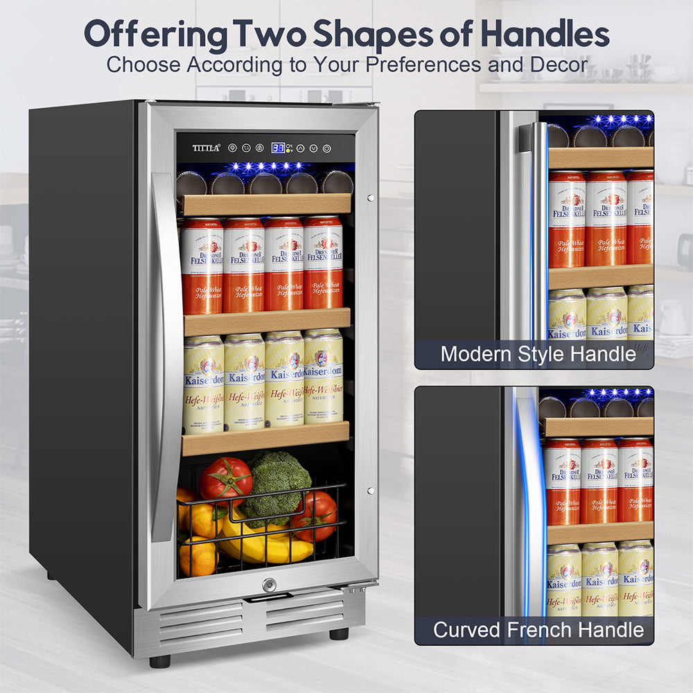 15" Beverage Refrigerator 130 Can Built-In Beer Cooler with Double Handles and Reversible Hinges, Bottom Basket