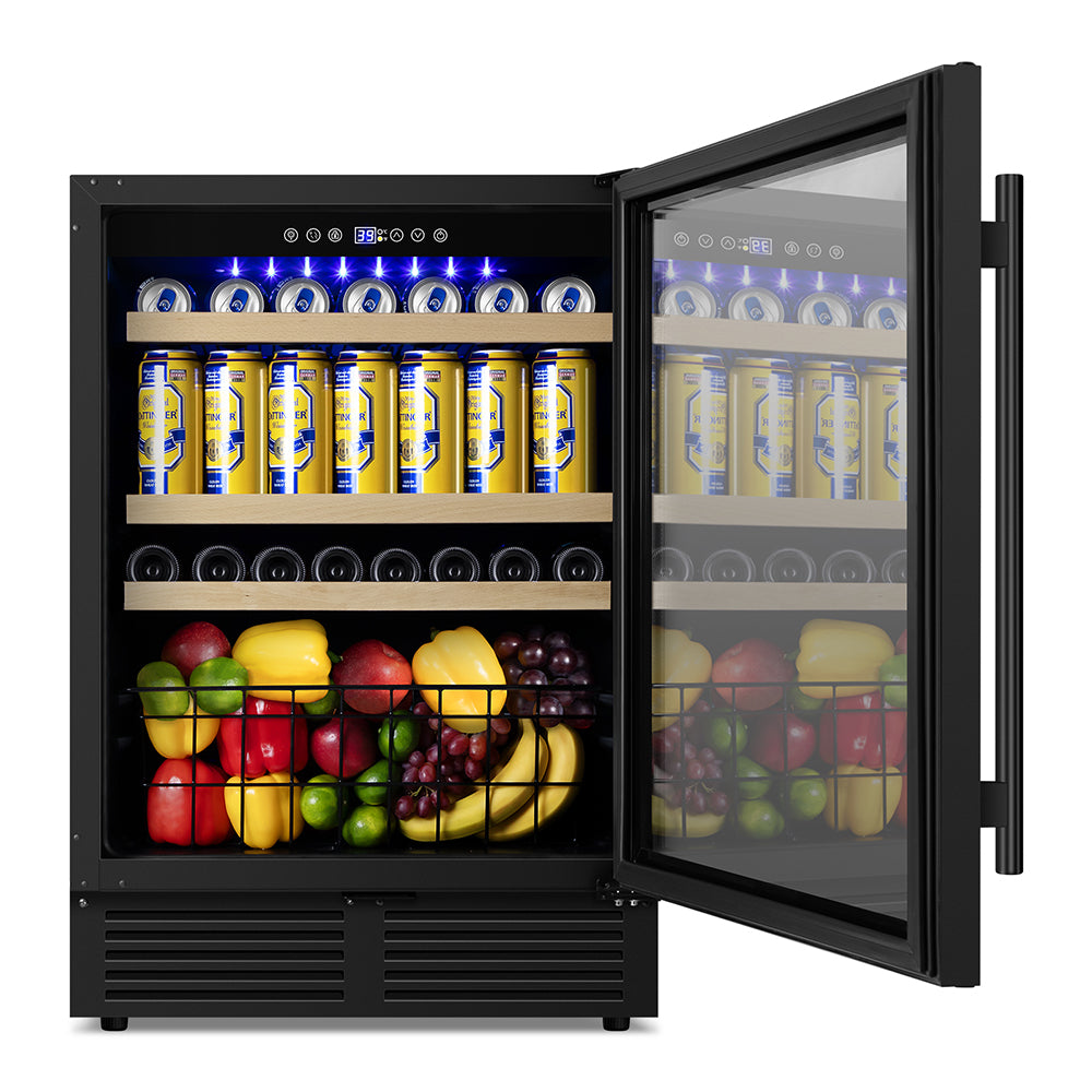 24” Black Classic Undercounter 160-Can Beer and Beverage Refrigerator with Metal Basket, Reversible Glass Door