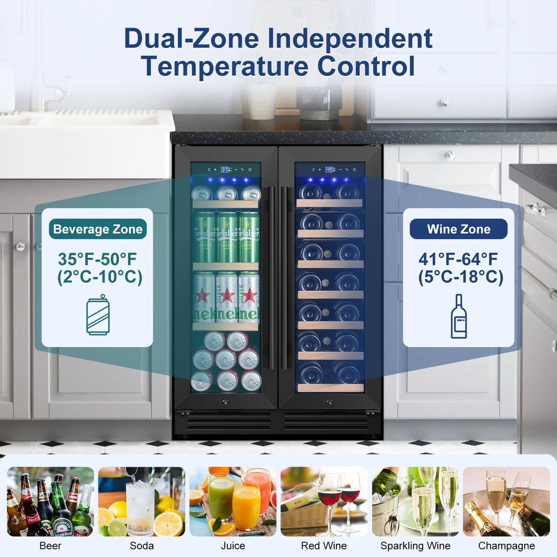 Nipus 24 inch Wine and Beverage Refrigerator,Dual Zone,Built-in Undercounter, 21 Bottles and 60 Cans,Black - Tylza