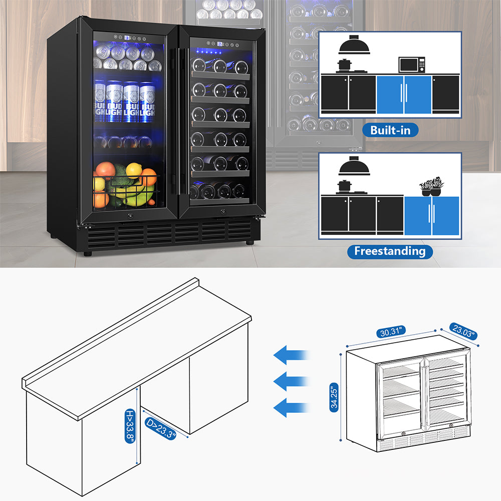 30'' Dual Zone Wine and Beverage Refrigerator 29 Bottles 88 Cans with Metal Basket and LED Lights Classic Series Black