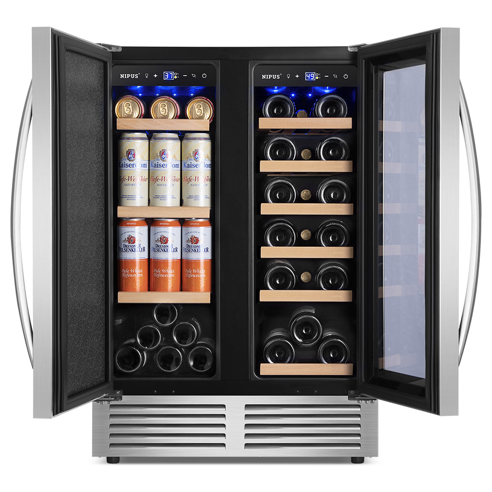24" Dual Zone Built-In and Freestanding French Door 18 Bottle and 57 Can Wine and Beverage Refrigerator