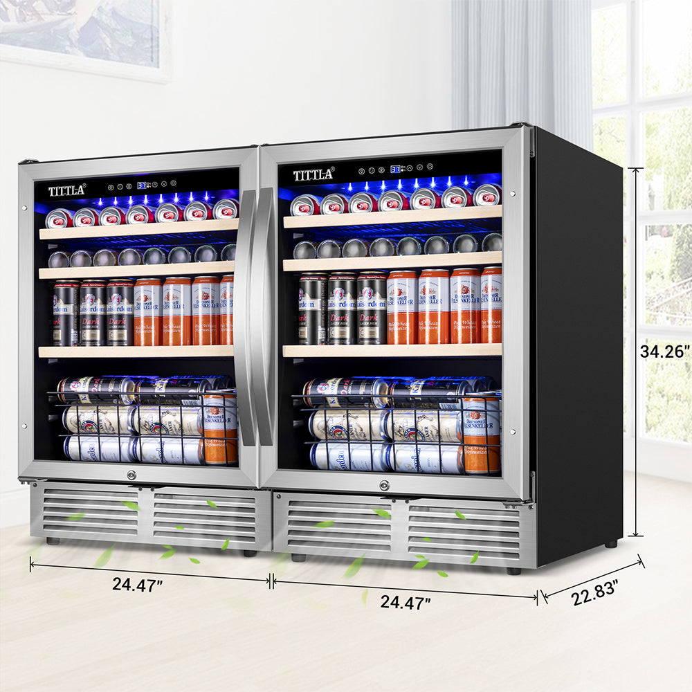 48"Beverage Refrigerator 300 Can Dual Zone Built-In Split Beer Cooler with Two Bottom Baskets, Reversible Door