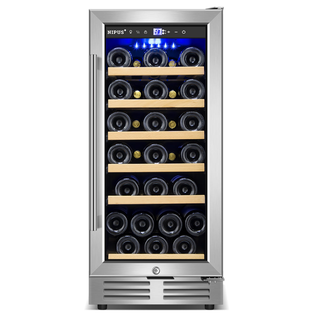 15" Silver Wine Cooler - 30 Bottle Capacity, Built-In or Freestanding, Single Zone Temperature Control.