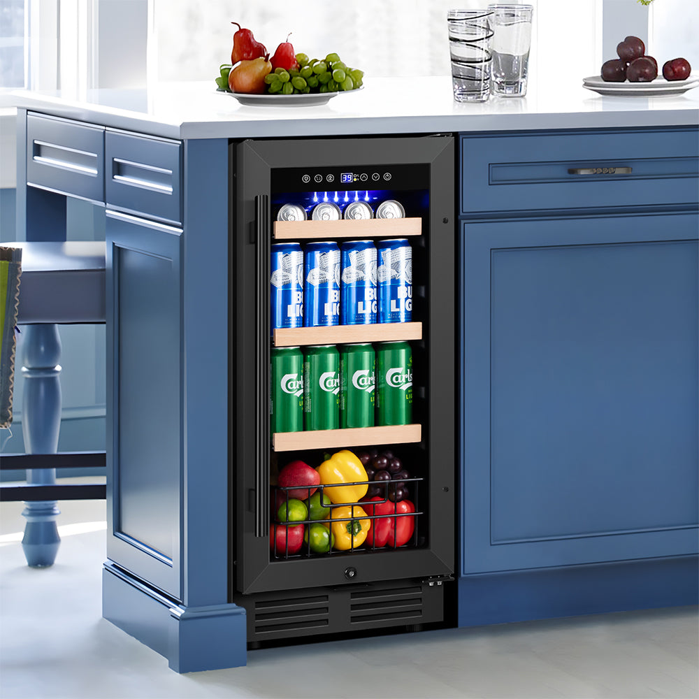 15"Black Classic Beverage Refrigerator 130-Can Beer and Beverage Refrigerator with Metal Basket, Reversible Glass Door