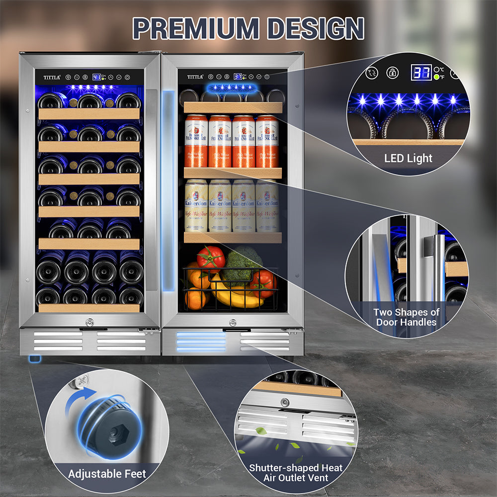 30"Wine & Beverage Refrigerator Triple Zone 30 Bottle & 130 Can Built-in Split Wine and Beer Cooler