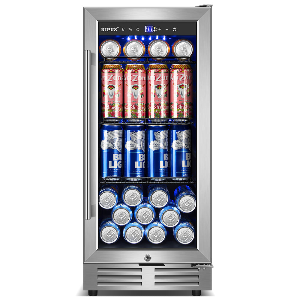 15" Single Zone Beverage Refrigerator - 130-Can Capacity, Built-In or Freestanding, with 3 Adjustable Wire Shelves.