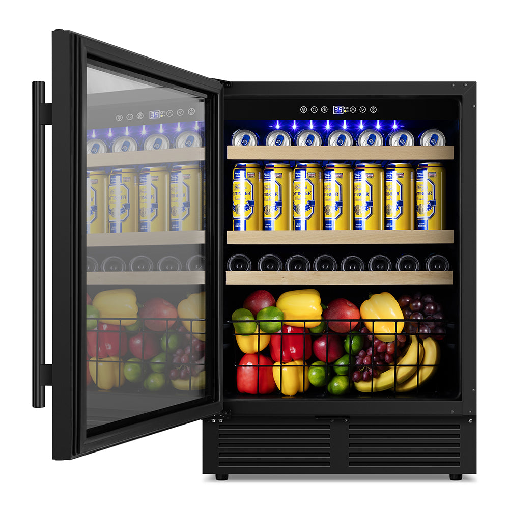 24” Black Classic Undercounter 160-Can Beer and Beverage Refrigerator with Metal Basket, Reversible Glass Door