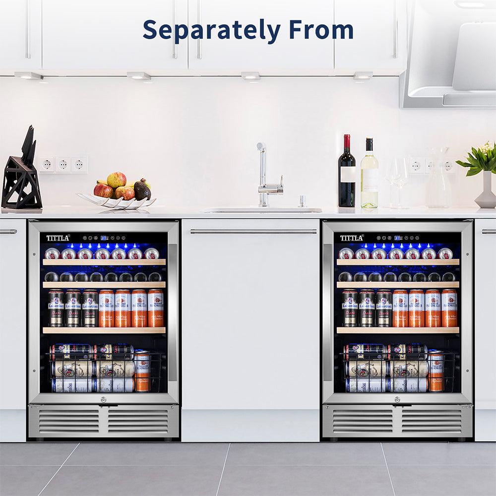 48"Beverage Refrigerator 300 Can Dual Zone Built-In Split Beer Cooler with Two Bottom Baskets, Reversible Door