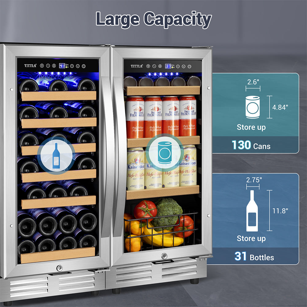 30"Wine & Beverage Refrigerator Triple Zone 30 Bottle & 130 Can Built-in Split Wine and Beer Cooler