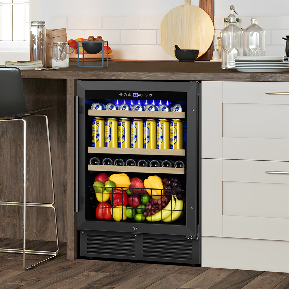 24” Black Classic Undercounter 160-Can Beer and Beverage Refrigerator with Metal Basket, Reversible Glass Door