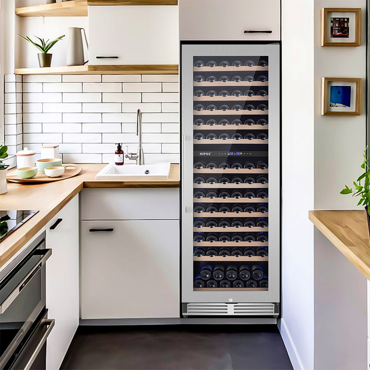 24” Seamless Design 154 Bottle Dual Zone Recessed Wine Cooler/Freestanding Wine Cooler with Blue LED Lights.