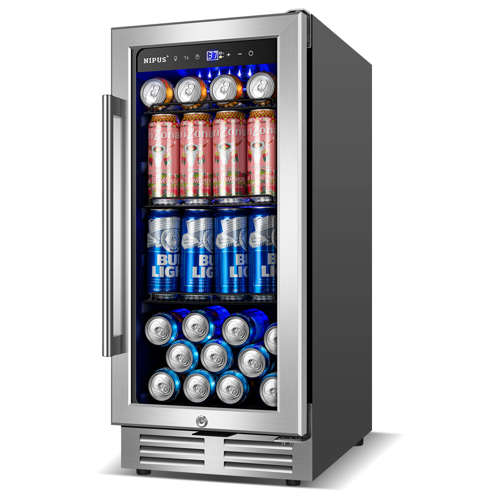 15" Single Zone Beverage Refrigerator - 130-Can Capacity, Built-In or Freestanding, with 3 Adjustable Wire Shelves.