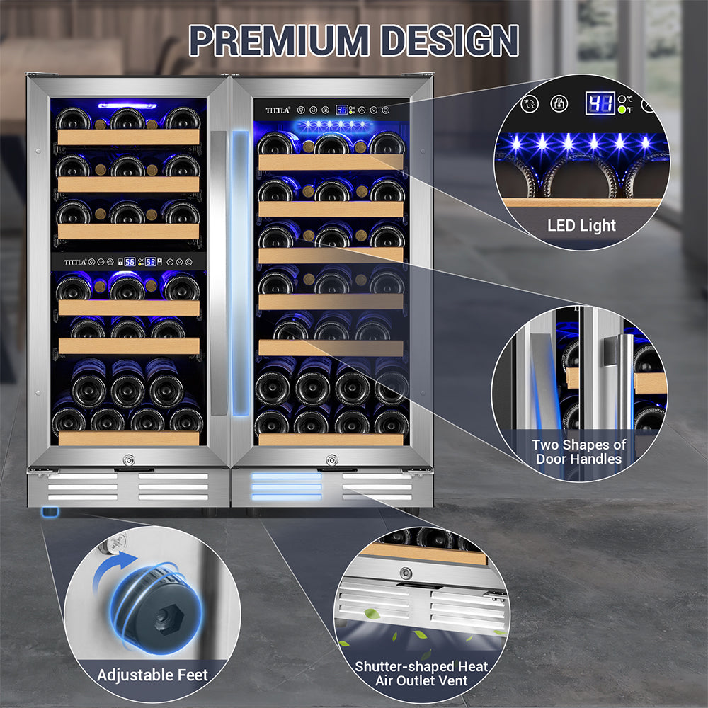 30"Wine Premium Refrigerator 60 Bottle Built-In Reversible Door Split Wine Cooler