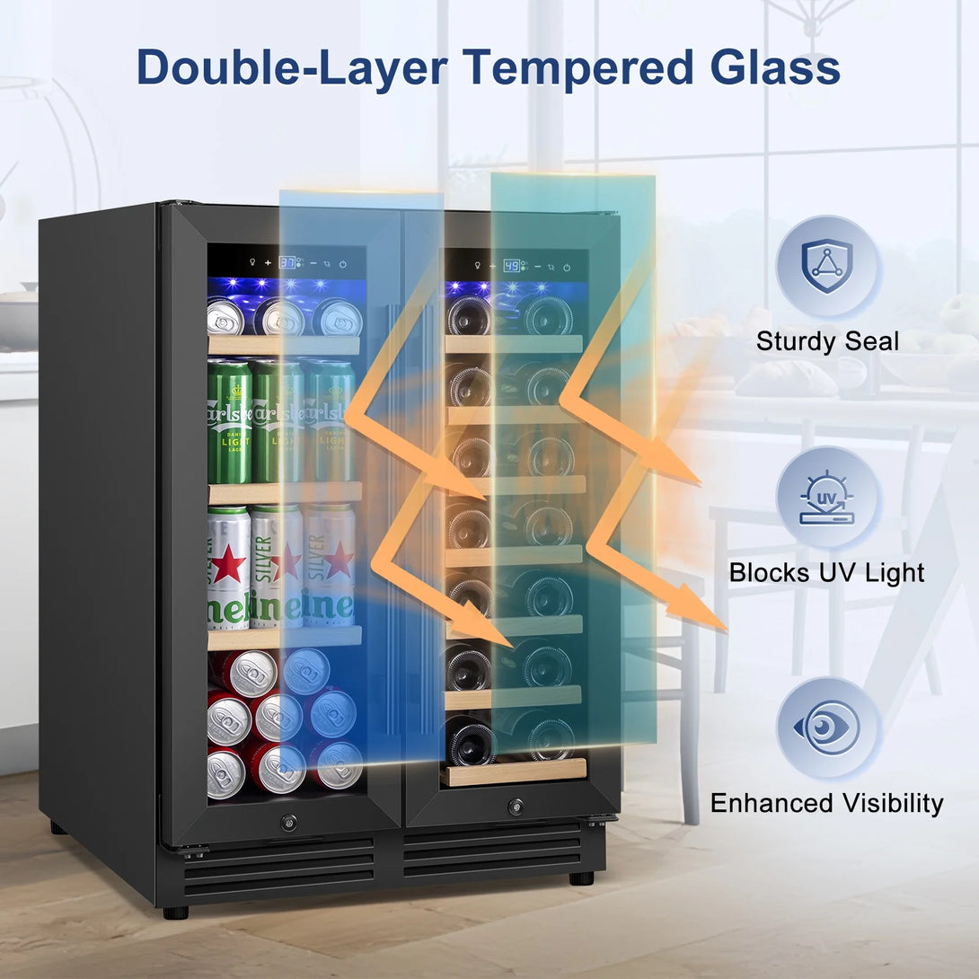 Nipus 24 inch Wine and Beverage Refrigerator,Dual Zone,Built-in Undercounter, 21 Bottles and 60 Cans,Black - Tylza