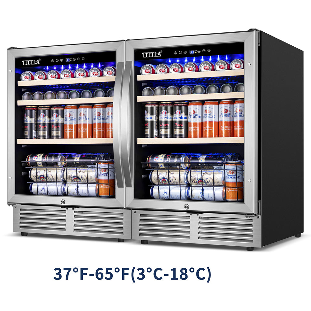48"Beverage Refrigerator 300 Can Dual Zone Built-In Split Beer Cooler with Two Bottom Baskets, Reversible Door.