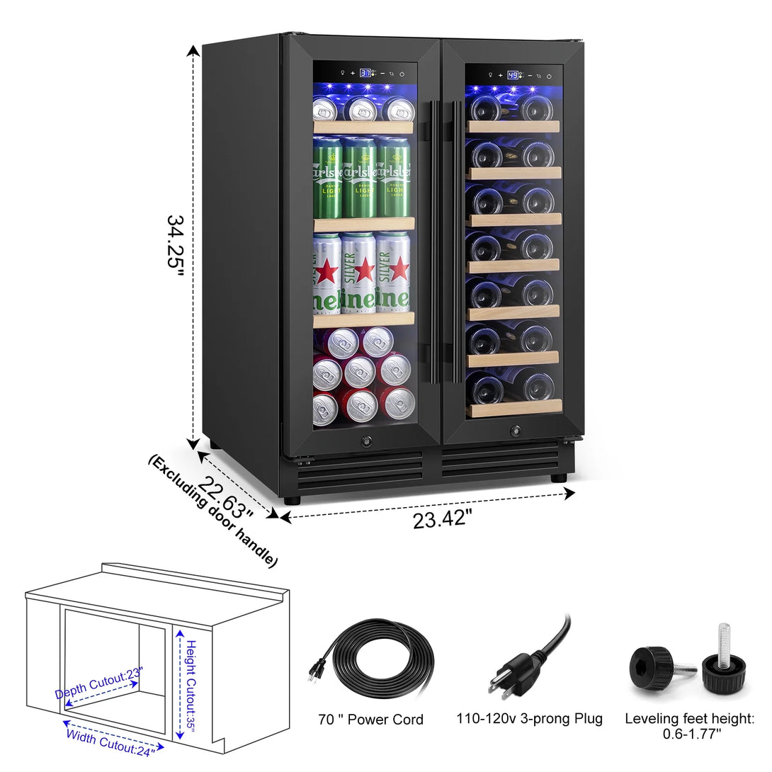 Nipus 24 inch Wine and Beverage Refrigerator,Dual Zone,Built-in Undercounter, 21 Bottles and 60 Cans,Black - Tylza