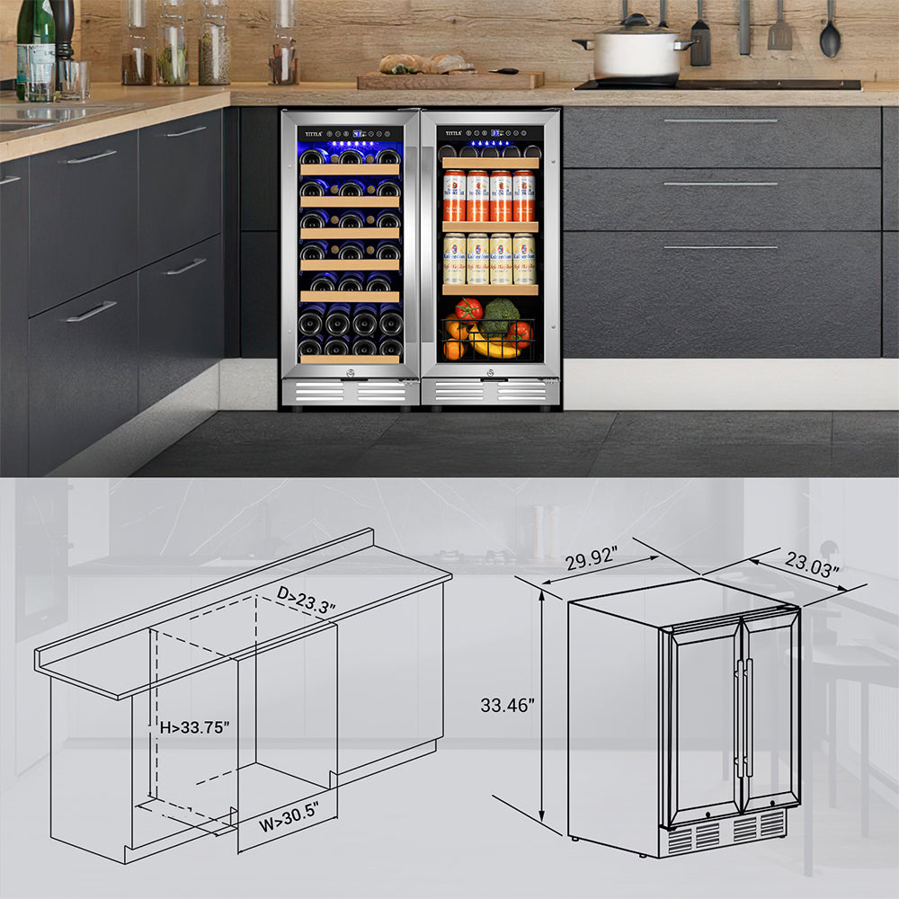 30"Wine & Beverage Refrigerator Triple Zone 30 Bottle & 130 Can Built-in Split Wine and Beer Cooler