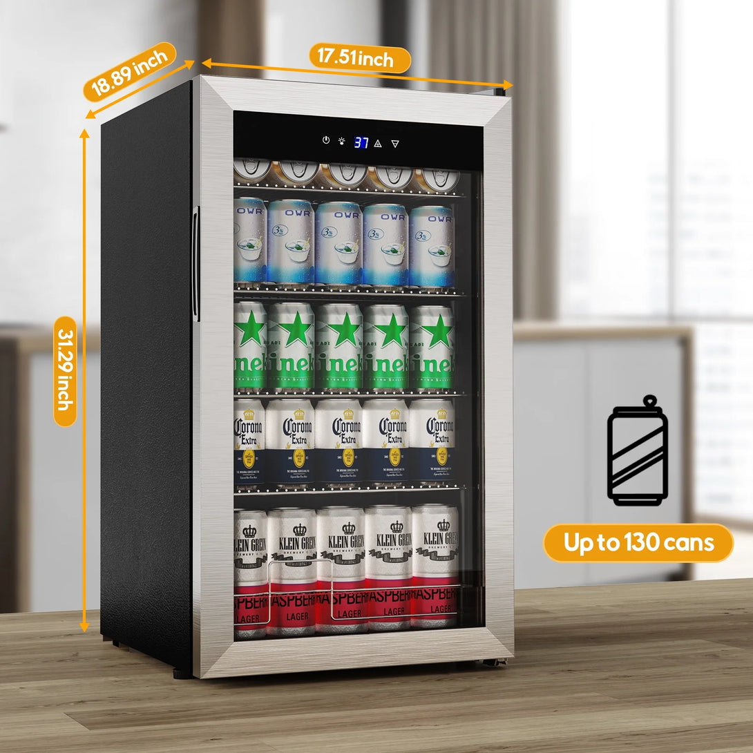 TITTLA 130 Can Beverage Refrigerator with Glass Door,3.2 Cu.ft Wine Coolers,Touch Control Panel On the Glass,Freestanding Mini Fridge,Silver - Tylza