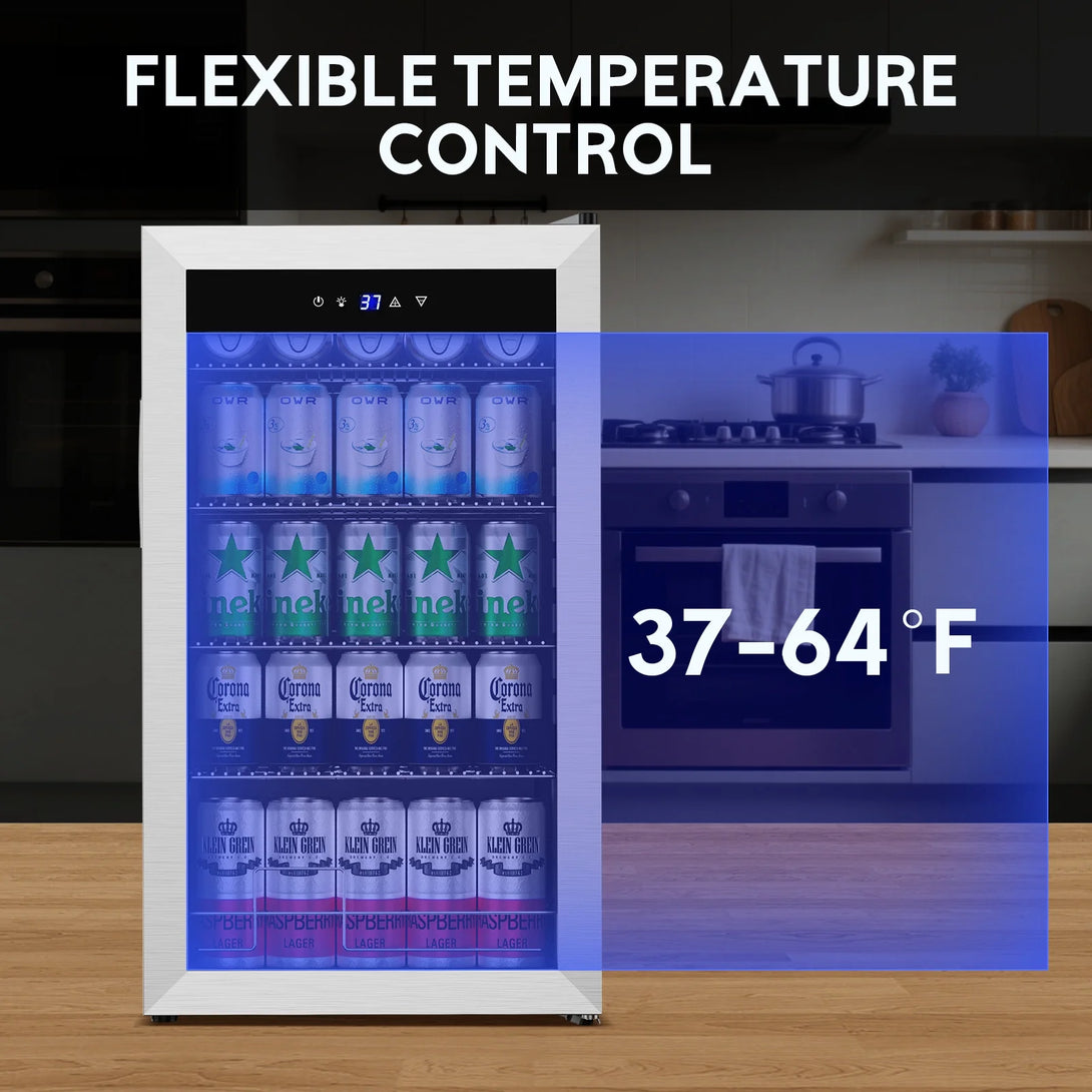 TITTLA 130 Can Beverage Refrigerator with Glass Door,3.2 Cu.ft Wine Coolers,Touch Control Panel On the Glass,Freestanding Mini Fridge,Silver - Tylza