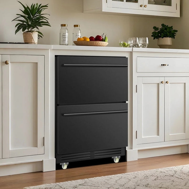 Nipus 24 Inch Double Drawer Beverage Refrigerator,180 Cans,Wine Beer Cooler Under Counter,2 Grid Organizer,for Indoor or Outdoor,Black - Tylza