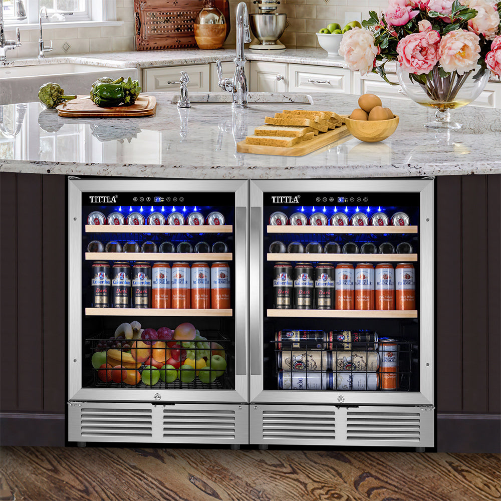 48"Beverage Refrigerator 300 Can Dual Zone Built-In Split Beer Cooler with Two Bottom Baskets, Reversible Door