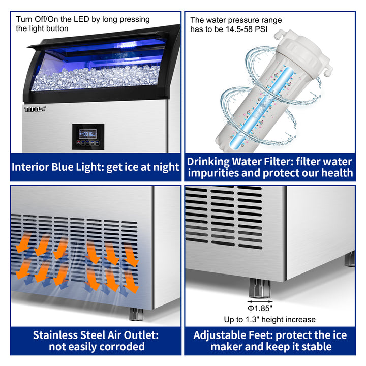 TITTLA Commercial Ice Maker, 200lbs/24H, Stainless Steel, Under Counter, 55lbs Ice Storage, 90Pcs Ice Cube, 550W - Tylza