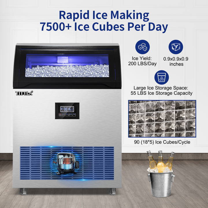 TITTLA Commercial Ice Maker, 200lbs/24H, Stainless Steel, Under Counter, 55lbs Ice Storage, 90Pcs Ice Cube, 550W - Tylza