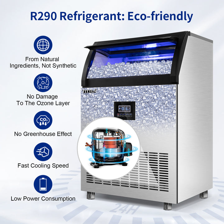 TITTLA Commercial Ice Maker, 200lbs/24H, Stainless Steel, Under Counter, 55lbs Ice Storage, 90Pcs Ice Cube, 550W - Tylza