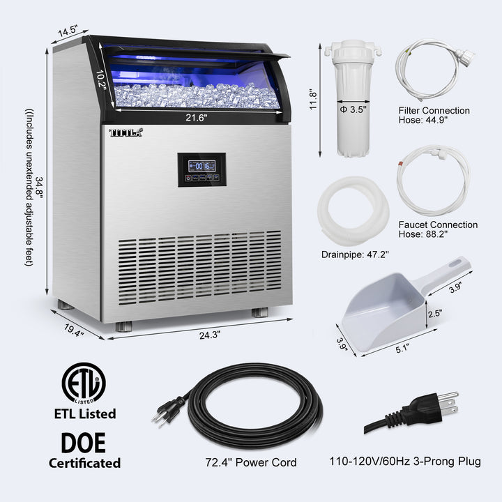 TITTLA Commercial Ice Maker, 200lbs/24H, Stainless Steel, Under Counter, 55lbs Ice Storage, 90Pcs Ice Cube, 550W - Tylza