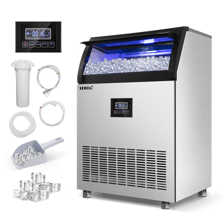 TITTLA Commercial Ice Maker, 200lbs/24H, Stainless Steel, Under Counter, 55lbs Ice Storage, 90Pcs Ice Cube, 550W - Tylza