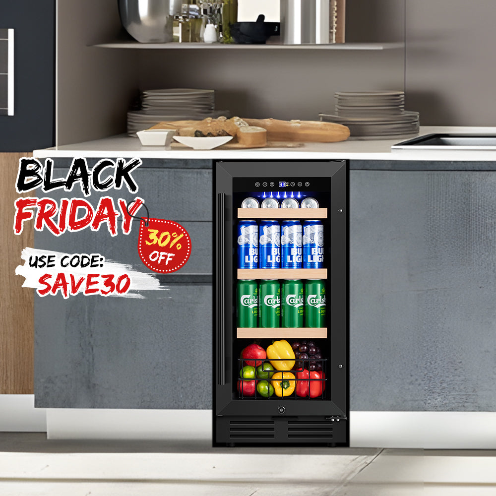 15"Black Classic Beverage Refrigerator 130-Can Beer and Beverage Refrigerator with Metal Basket, Reversible Glass Door