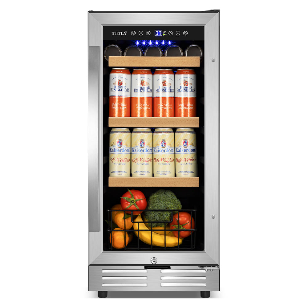 15" Beverage Refrigerator 130 Can Built-In Beer Cooler with Double Handles and Reversible Hinges, Bottom Basket