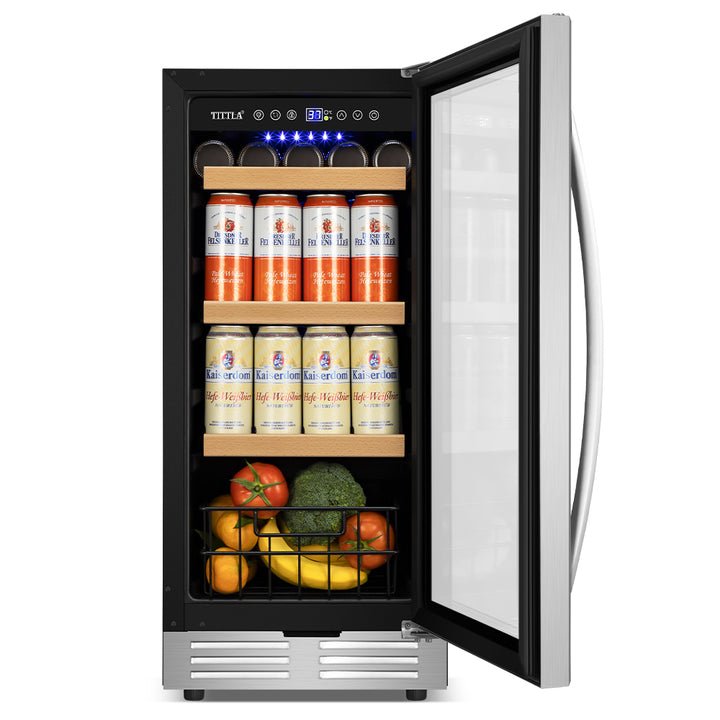 15" Beverage Refrigerator 130 Can Built-In Beer Cooler with Double Handles and Reversible Hinges, Bottom Basket.